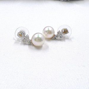 White 14K and Sterling Silver CZ Drop Faux Pearl Earrings